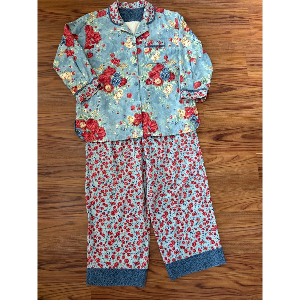 Vintage two piece handmade set pajamas pants button front top Cottage core XL